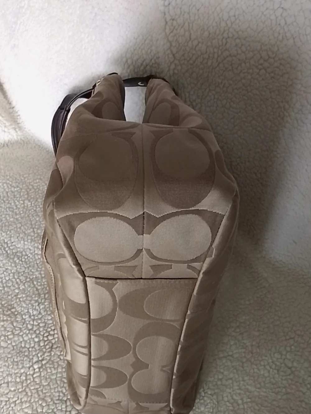 Coach Campbell Signature Logo Canvas Shoulder Bag with Dark Brown Trim